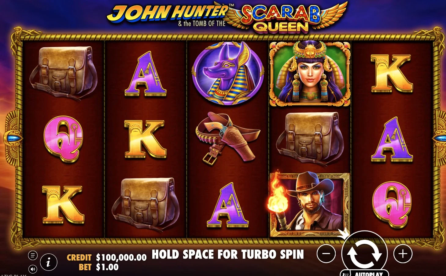 John Hunter Scarab Queen – Grundspiel-Walzen mit Anubis-Scatter und John-Hunter-Wild auf dem 5×3-Raster