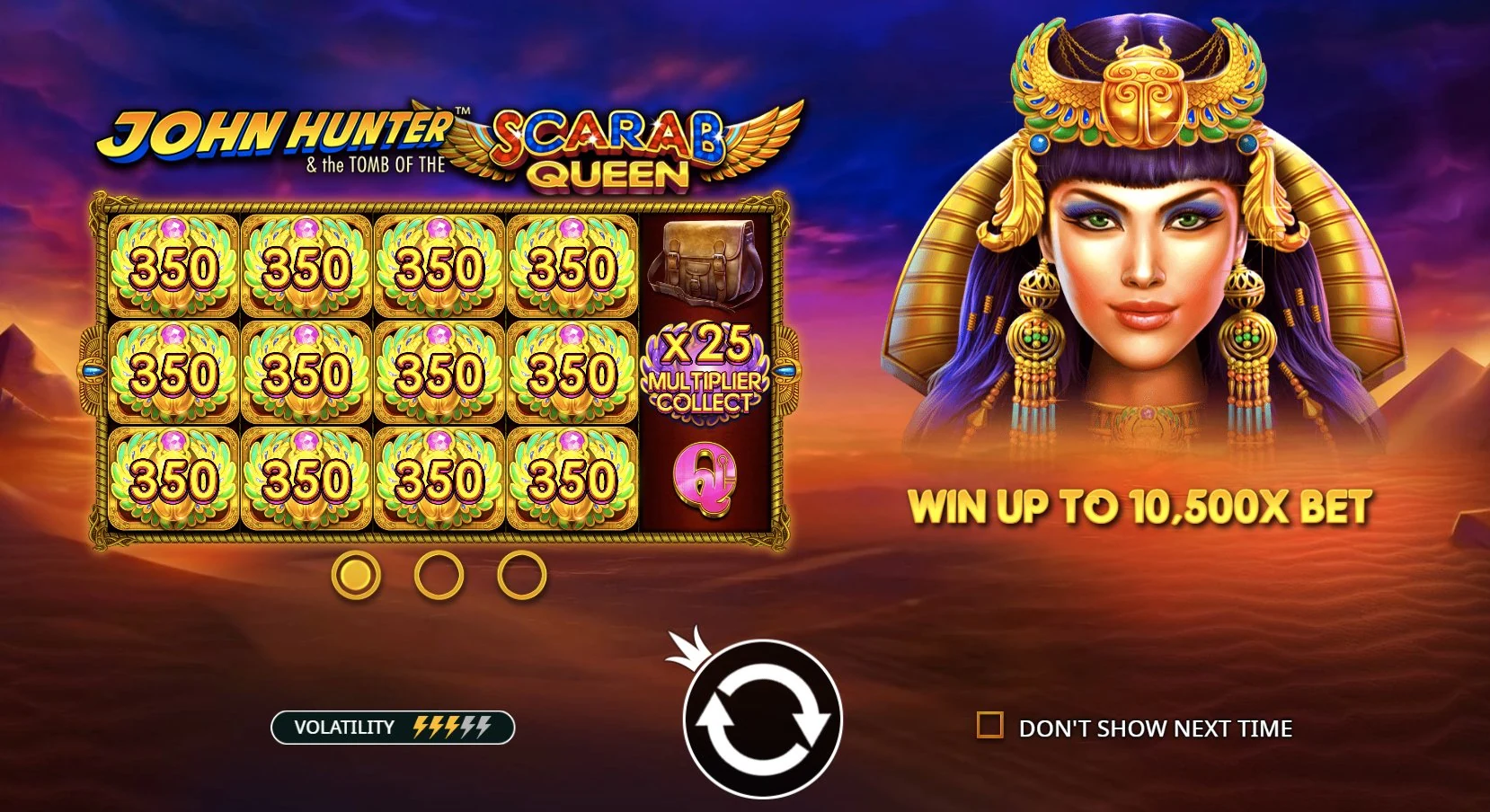 John Hunter Scarab Queen – Maximalgewinn-Bildschirm mit 10.500× Einsatz und 25× Multiplier Collect auf Walze 5