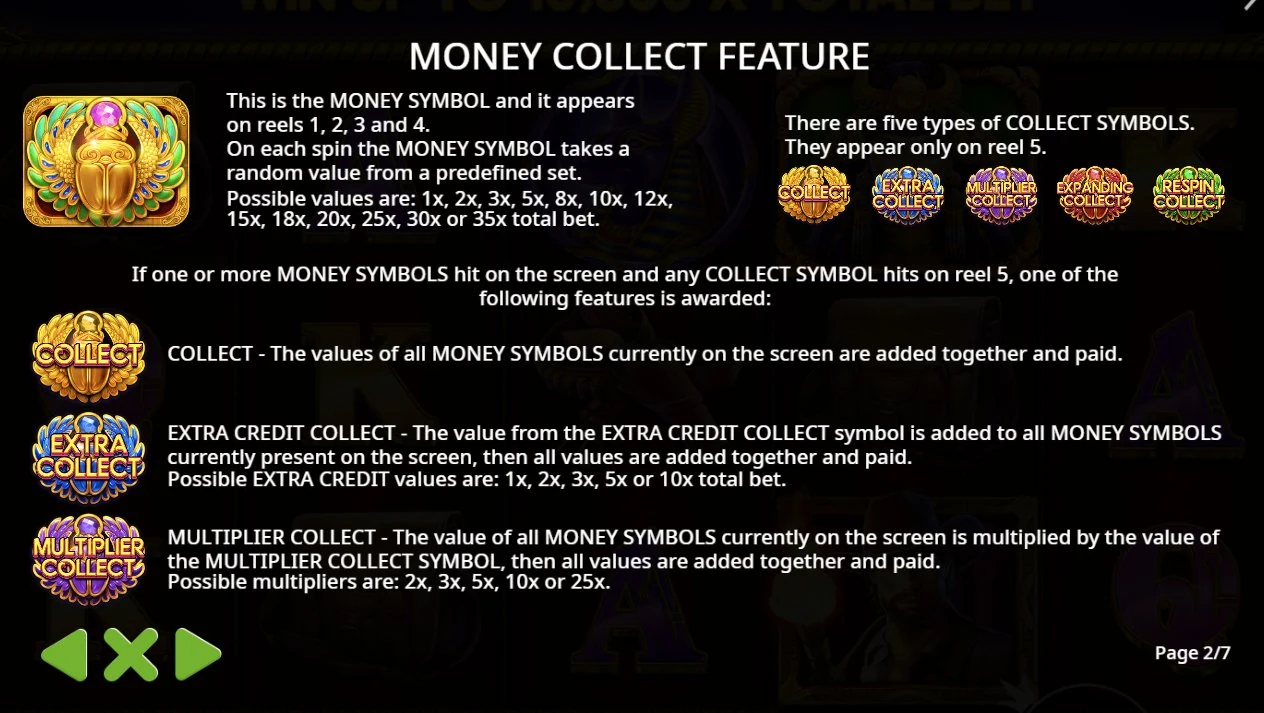 John Hunter Scarab Queen – Money-Collect-Info-Panel mit den fünf verschiedenen Collect-Symboltypen auf Walze 5