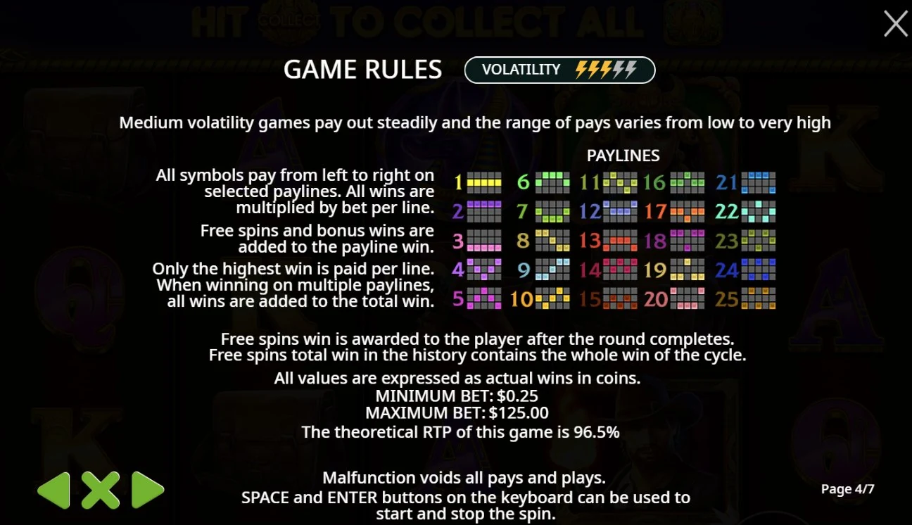 John Hunter Scarab Queen – Spielregel-Panel mit bestätigtem RTP von 96,5 %, 25 Gewinnlinien und mittlerer Volatilität